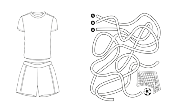 A football kit to be coloured in and paths that leads to a goal.